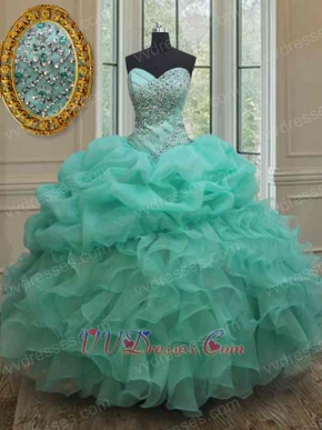 Mint Green Organza Dropped V Waistline Military Party Ball Gown Puffy With Slip