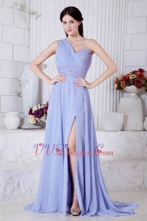 One Shoulder Beading A-line Lavender Chiffon Prom Dress With Split