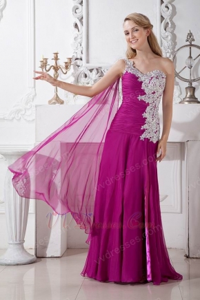 Appliqued One Shoulder Plum Chiffon Long Prom Dress With Split