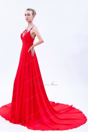 Designer One Shoulder Scarlet Chiffon Prom Dress With Appliques