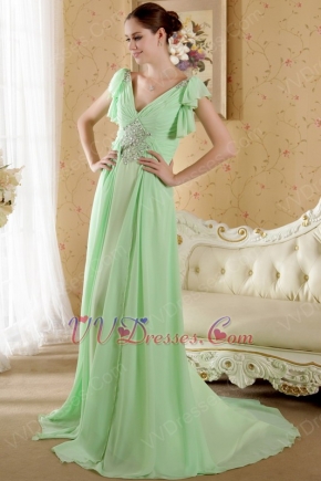 V Neckline Beaded Apple Green Prom Dress Designers List