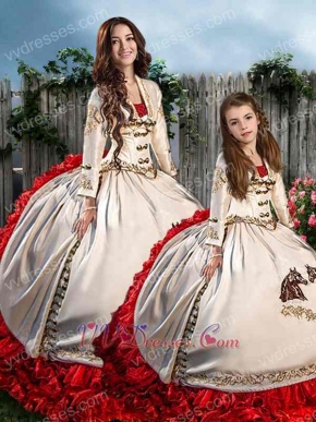 Western Embroidery Ivory and Red Ruffles Quince Ball Gowns Together For Adult and Girl