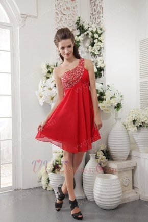One Shoulder Designer Red Chiffon Short Prom Dress With Beading