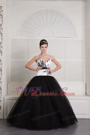 Black and White Ball Gown V-neck Floor-length Embroidery Quince Dress Like Princess