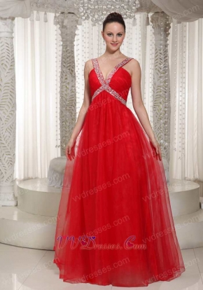 Amazing X-shape Beading Straps Red Prom Dress With Deep V Neck