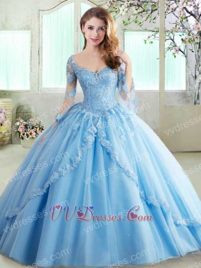 Light Blue Trumpet Long Sleeves Prom Puffy Dress For 16 Years Puberty Wear