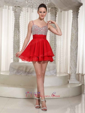 Fully Crystals Spaghetti Straps Summer Wedding Guest Red Dress Mini-length