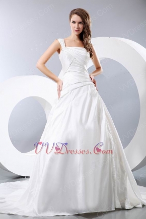 Simple One Shoulder Appliqued Puffy Ivory Taffeta Bridal Dress