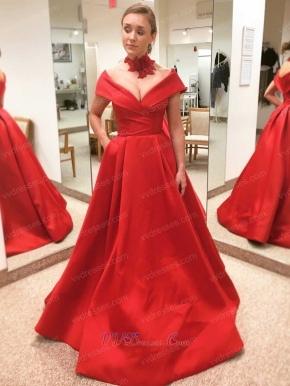 V Shaped Shoulder Floor Length Red Satin Pageant Dress Has Pockets