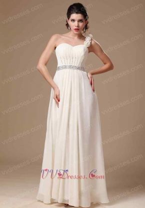 Silver Beading Banquet Prom Gowns One Shoulder Cream Chiffon Long