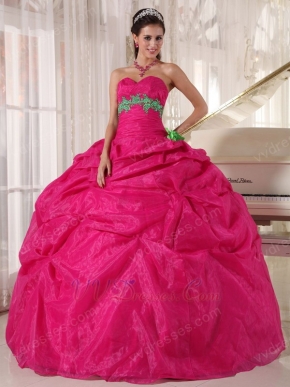 Spring Green Flower Decorate Deep Pink Quinceanera Girls Dress