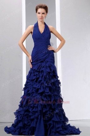 Hot Sell Halter Ruffles Skirt Sapphire Blue Prom Celebrity Dress