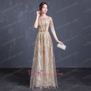 Twinkling Stripe A-line Floor Length Evening Night Dress In Champagne