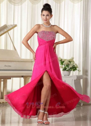 Strapless Silver Beading Hot Pink Prom Dress Middle Slit Long Skirt