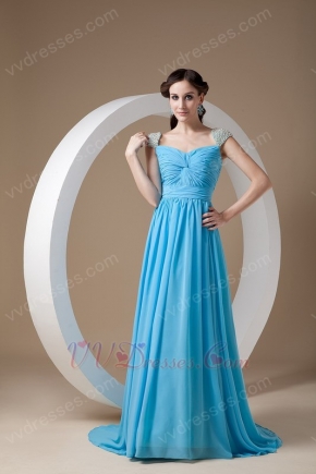 Beaded Cap Sleeves Prom Dress By Aqua Blue Chiffon Fabric