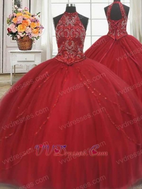 High Halter Flat Tulle Court Train Music Festival Wine Red Ball Gown Buyers Show