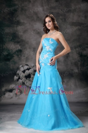 Aqua Blue Mermaid Strapless Organza Appliqued Evening Dress Inexpensive