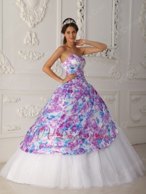 Top Quinceanera White Dress With Printed Fabric Decorate