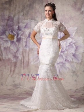 Mermaid High Neck Short Sleeves Lace Wedding Dress Petite