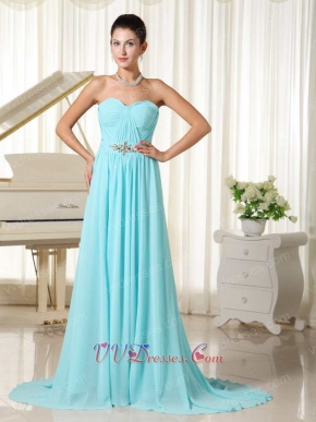 Ruched Bodice Aqua Blue Chiffon Brush Train Stage Show Prom Dress