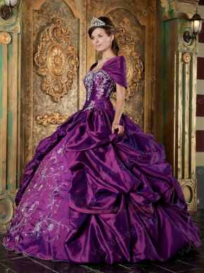 Strapless Purple Embroidered Quinceanera Gown With Shawl