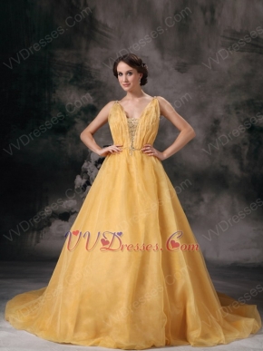 Modest V-neck Dark Yellow Organza Puffy Quinceanera Ball Gown