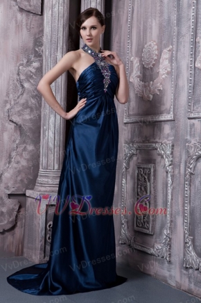 Navy Blue Elastic Woven Satin Prom Dress Halter Top Neck Inexpensive