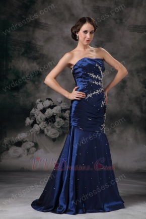 Navy Blue Lace Up Side Applique Mermaid Evening Dress