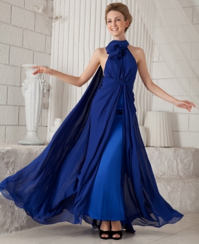 Halter Watteau Royal Blue Chiffon Customized Tailoring Prom Dress