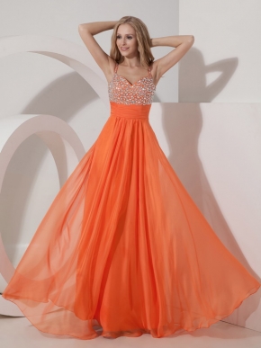 Not Expensive Spaghetti Straps Orange Chiffon Beaded Prom Dress