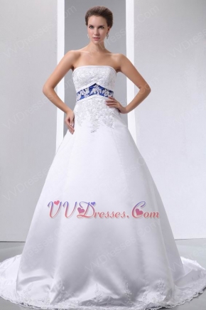 Strapless Appliqued Empire Chapel Wedding Dress With Blue Color