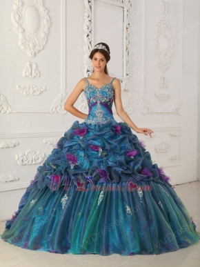 Spaghetti Straps Teal Quinceanera Dress With Handmade Flowers