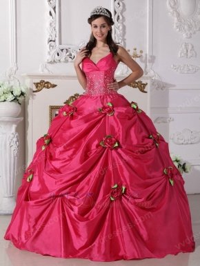 Deep Pink Quinceanera Dress With Spring Green Flowers Decorate