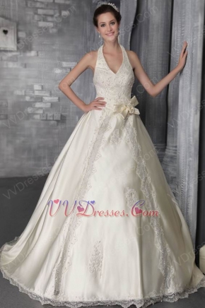 Fashionable Halter V Neck Western Wedding Dress With Lace