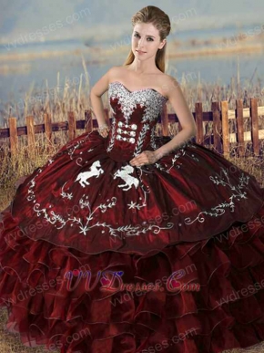 Embroidery Horse Overlay Burgundy Western Village Quinceanera Ceremony Ball Gown Cheap