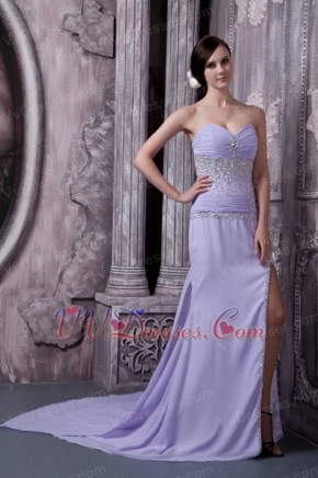 Beaded Lavender Chiffon Prom Dress With Sexy Side Split Inexpensive