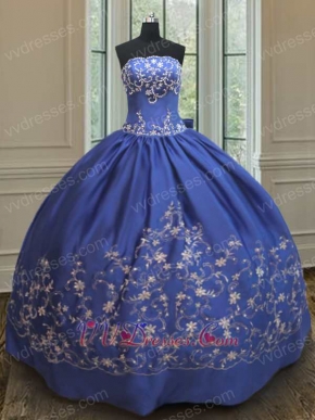 Western Thick Satin Quinceanera Ball Gown Royal Blue With Silver Embroidery