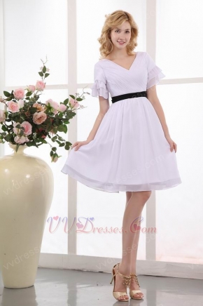 Black Belt Short Sleeves White Dress For Prom Party Under 100