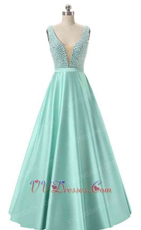 Glass Crystals V Neck Mint A-line Satin Fashion Prom Dresses