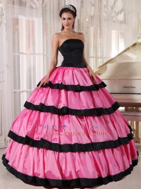 Rose Pink Layers Skirt With Black Bordure Quinceanera Dresses Gowns