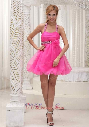Hot Pink Waist Seam Bead and Flower Sweet 16 Girl Dress Halter