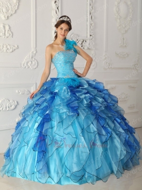 Multi Color Ruffled Cascade Skirt Sky Blue Quinceanera Dress