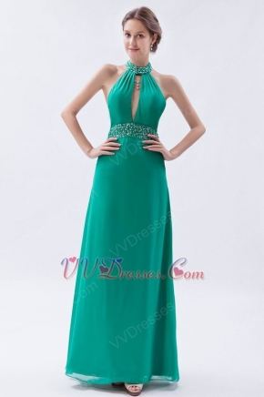 Halter Top Backless Cyan Blue Chiffon Prom Dress With Beading