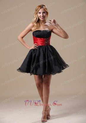 Hot Sell Black Organza Skirt With Red Belt Cocktail Short Dress Inexpensive
