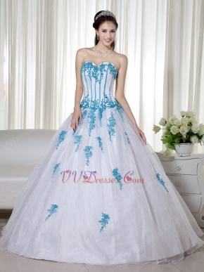 Aqua Applique Details White Fashionable Quinceanera Dress