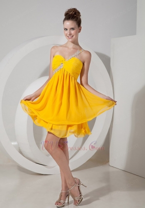 One Shoulder Bright Yellow Chiffon Short Two Layers Bridesmaid Dress