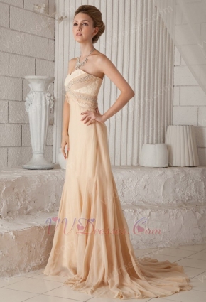 Beaded Sweetheart A-line Court Train Champagne Prom Dress