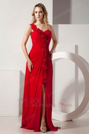 Designer One Shoulder Rosette Sexy Split Red Evening Dress