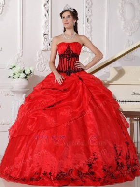 Scarlet Sweetheart Quinceanera Dress With Black Embroidery