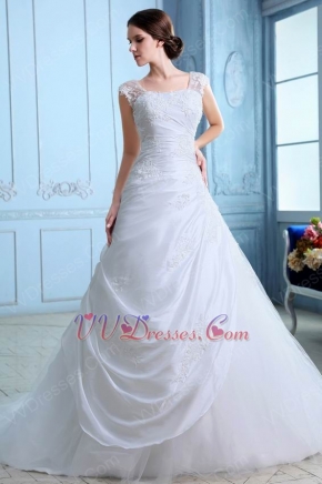Cheap Straps Square Appliqued A-line Chapel White Taffeta Wedding Dress